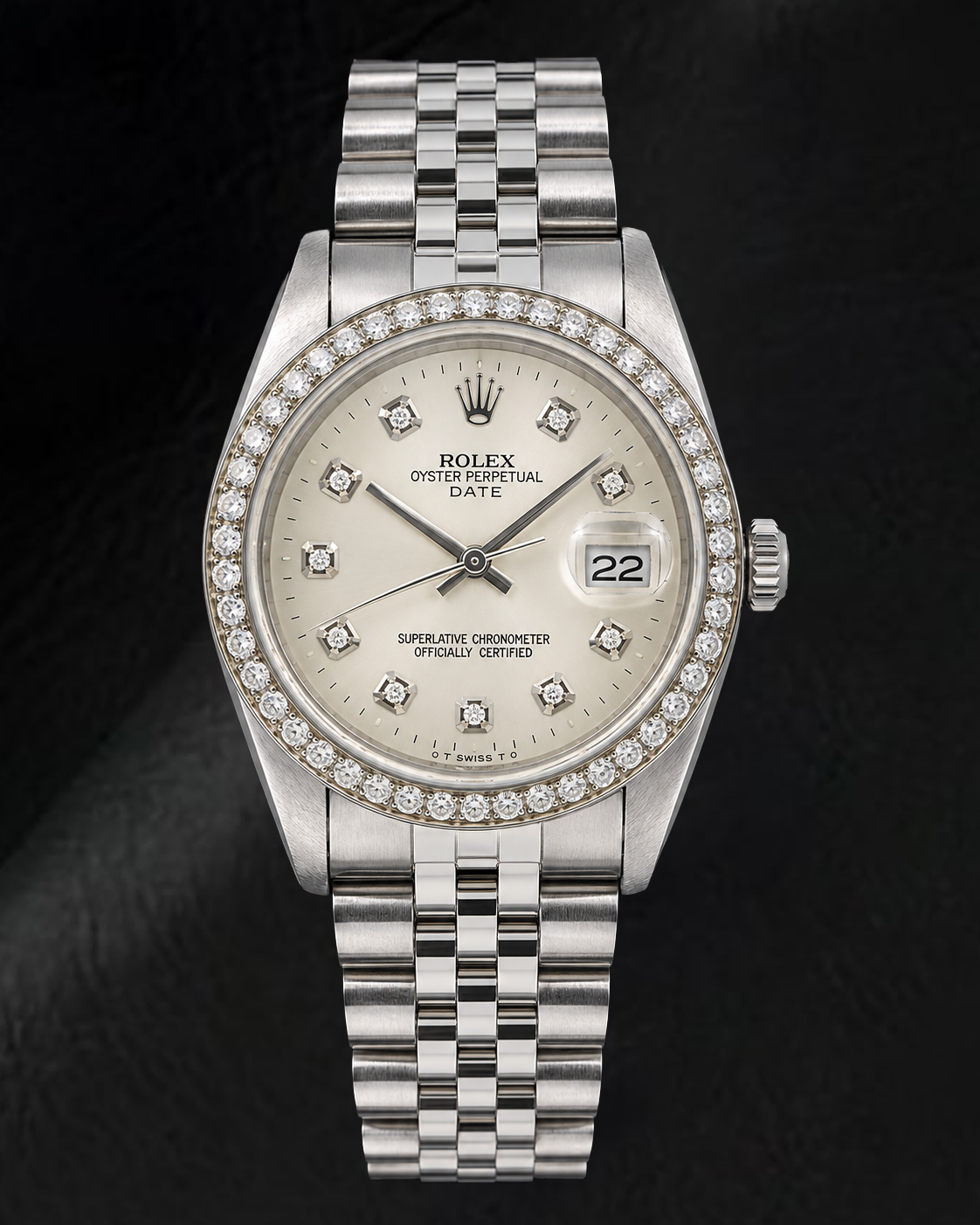 Rolex Date 1501 34 mm Uhr aus Edelstahl mit silbernem Diamantzifferblatt