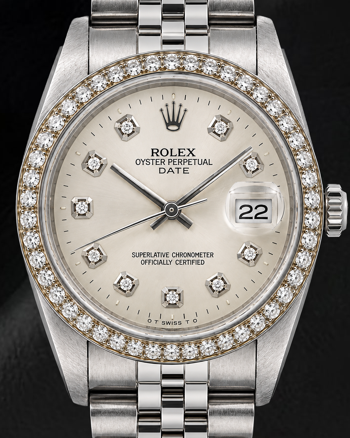 Rolex Date 1501 34 mm Uhr aus Edelstahl mit silbernem Diamantzifferblatt