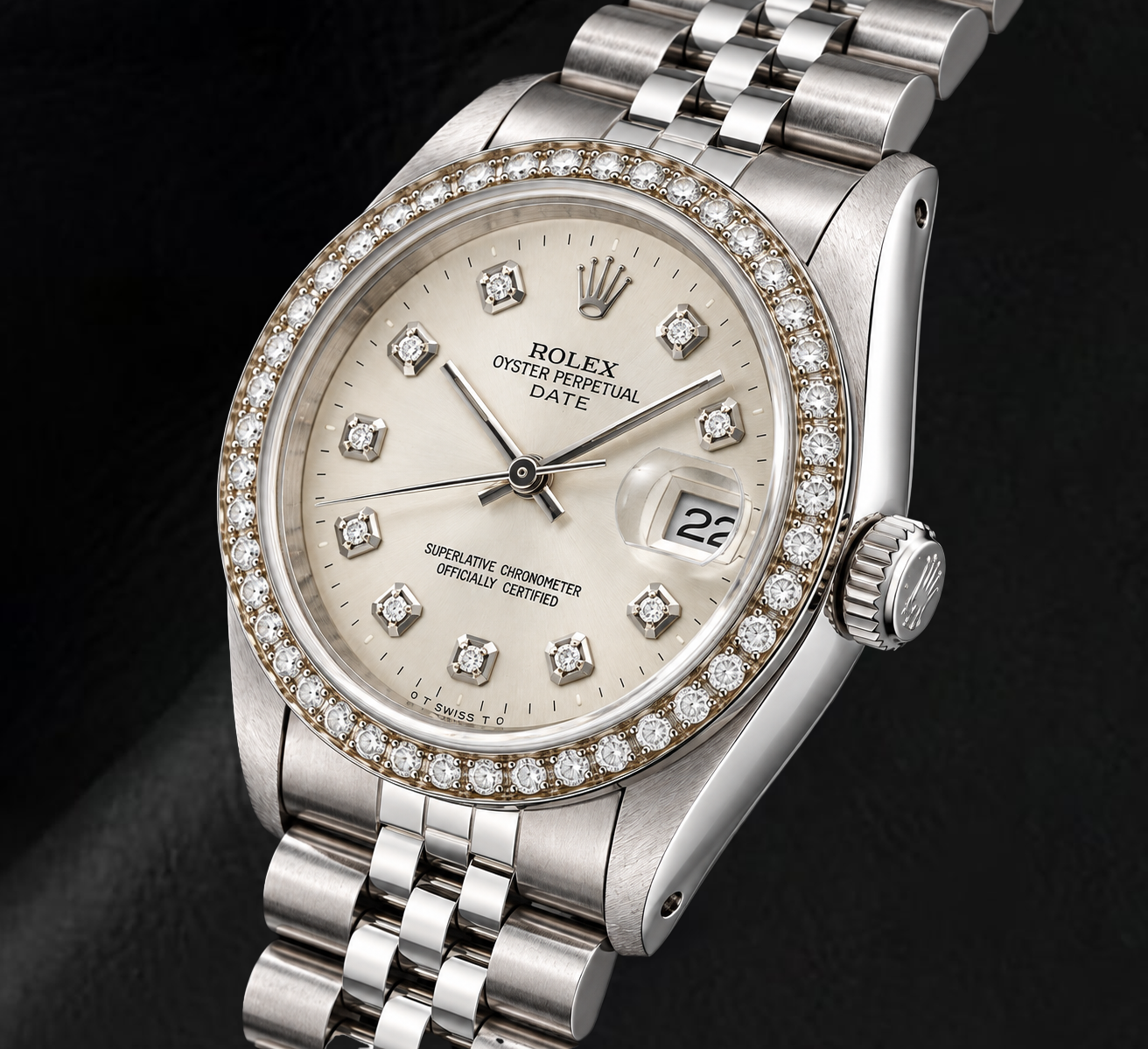 Rolex Date 1501 34 mm Uhr aus Edelstahl mit silbernem Diamantzifferblatt