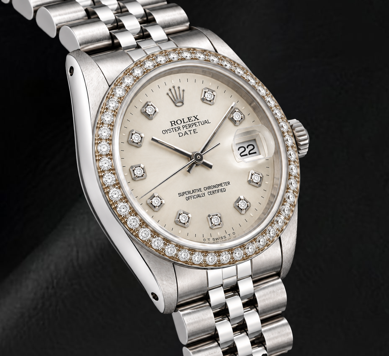 Rolex Date 1501 34 mm Uhr aus Edelstahl mit silbernem Diamantzifferblatt