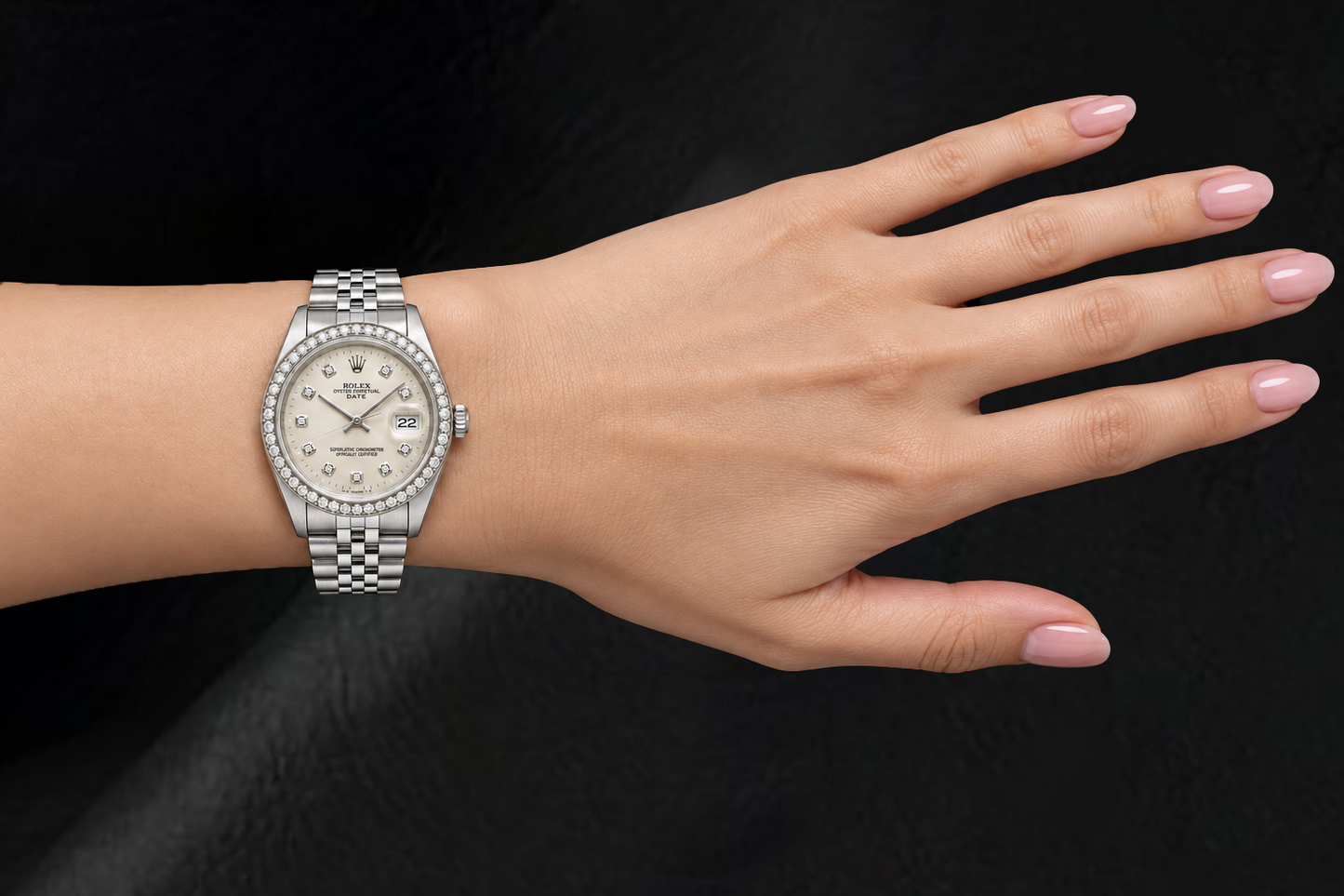 Rolex Date 1501 34 mm Uhr aus Edelstahl mit silbernem Diamantzifferblatt