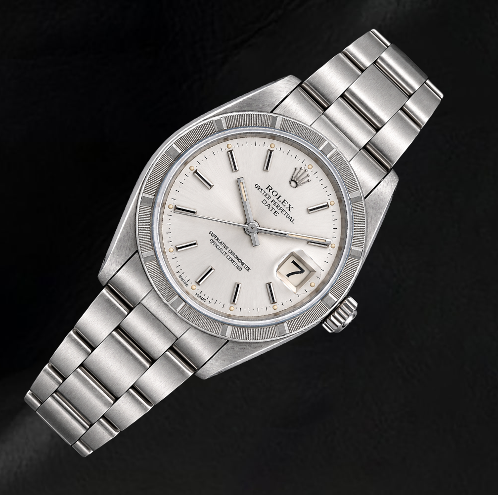 Rolex Date 1501 34 mm Edelstahluhr mit silbernem Zifferblatt mit Stabindizes