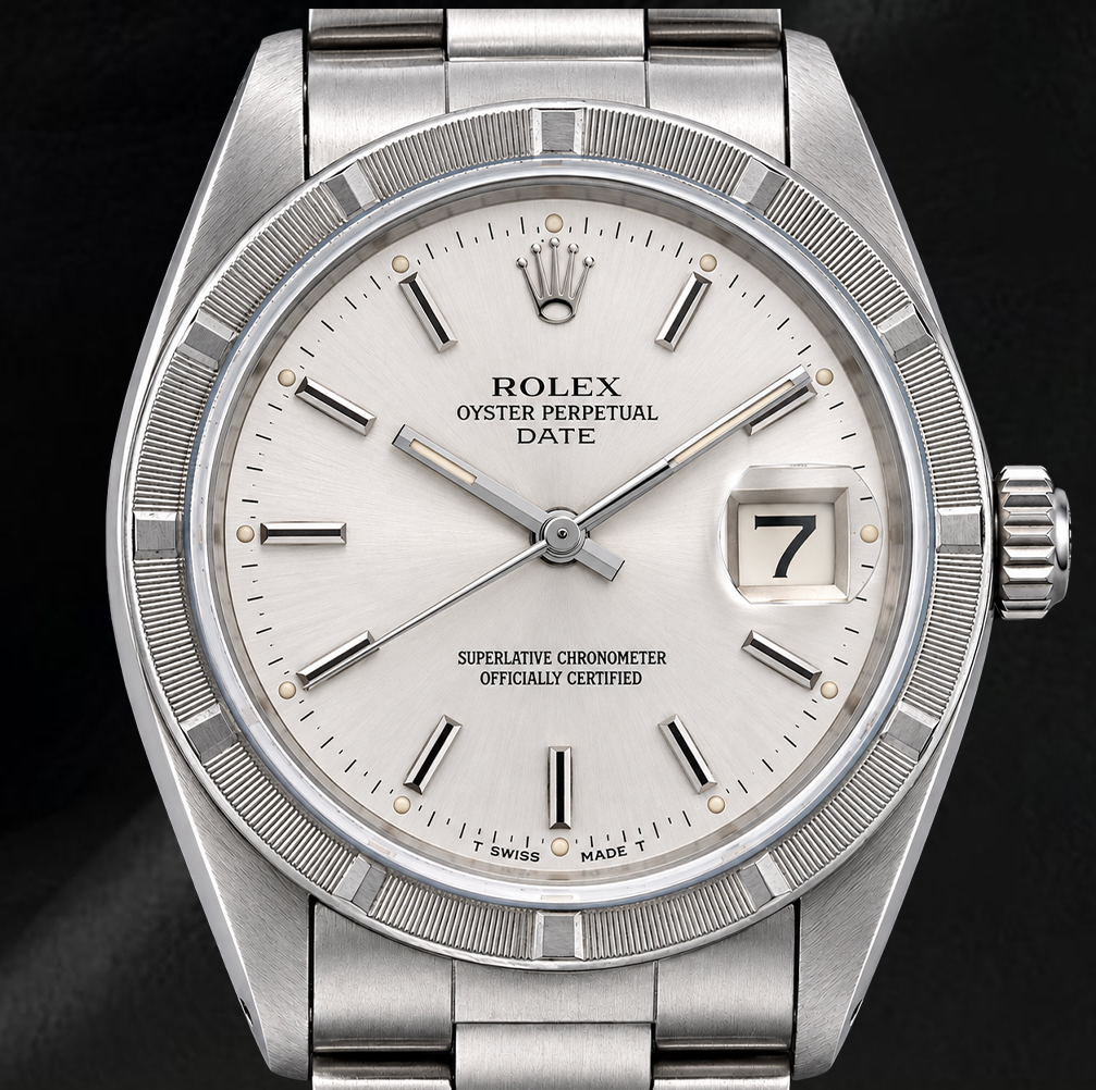 Rolex Date 1501 34 mm Edelstahluhr mit silbernem Zifferblatt mit Stabindizes