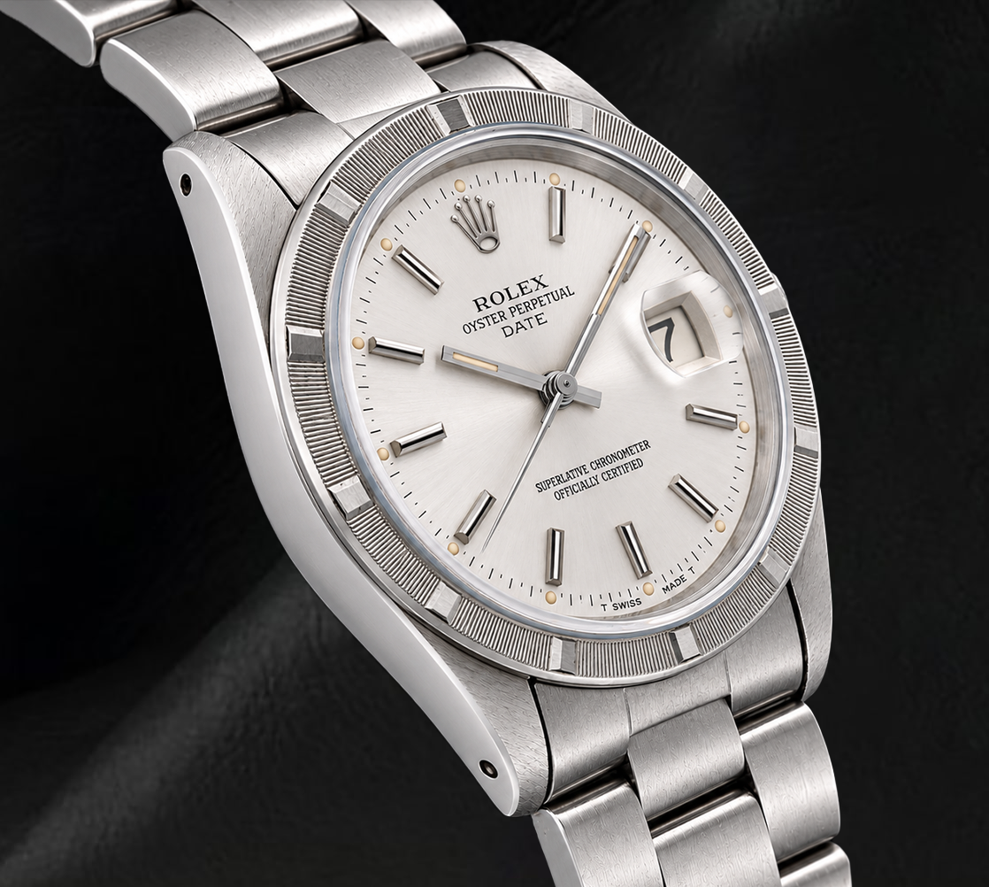 Rolex Date 1501 34 mm Edelstahluhr mit silbernem Zifferblatt mit Stabindizes