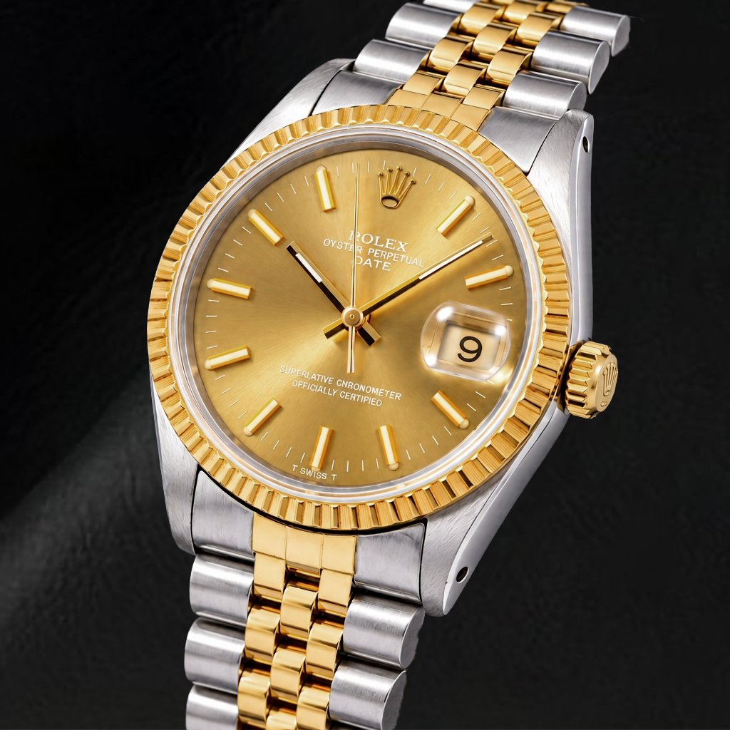 Rolex Date 1502 34 mm Bicolor Uhr, champagnerfarbenes Zifferblatt mit Stabindizes