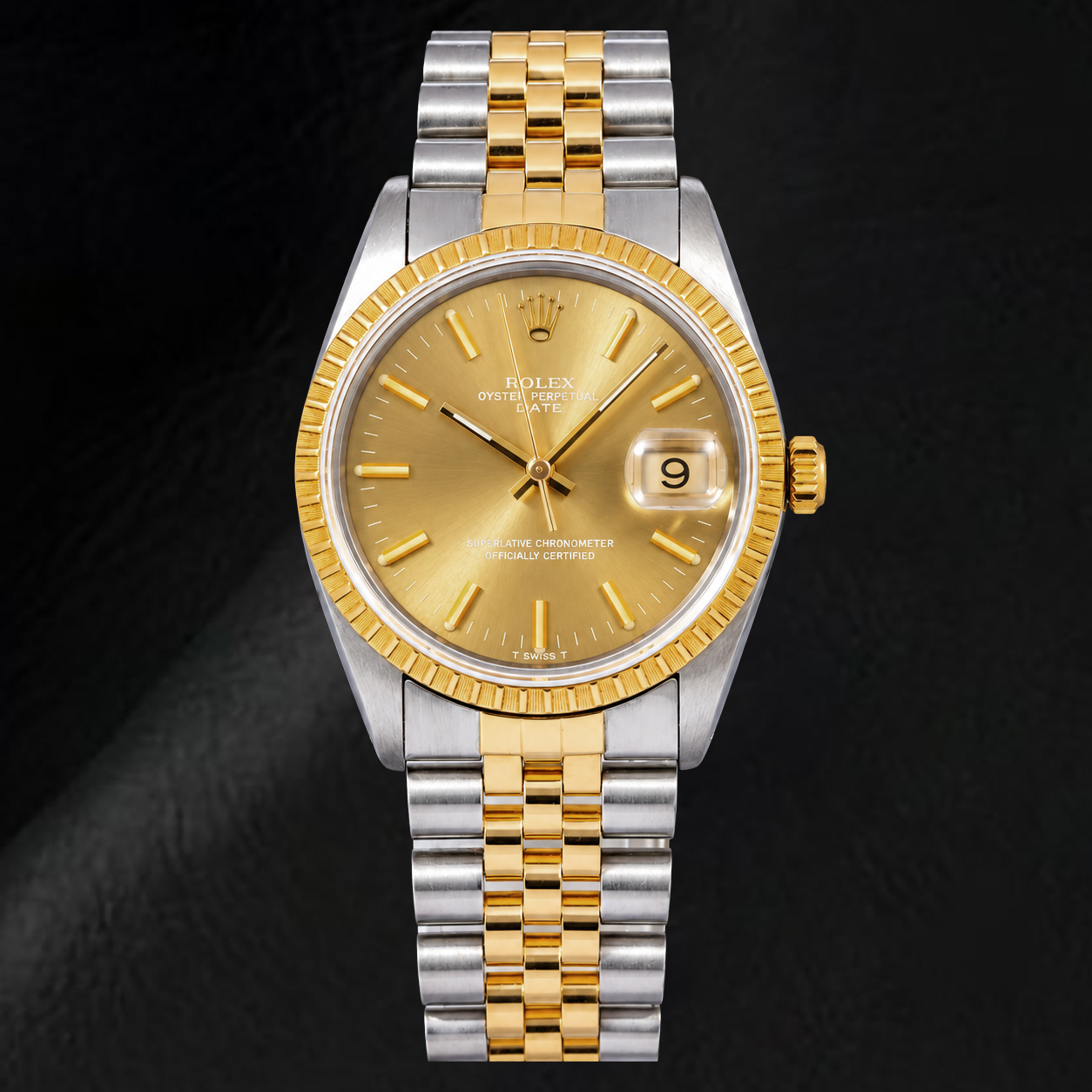 Rolex Date 1502 34 mm Bicolor Uhr, champagnerfarbenes Zifferblatt mit Stabindizes