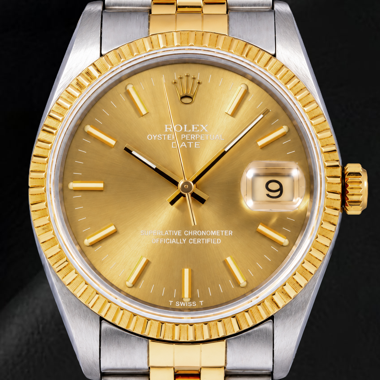 Rolex Date 1502 34 mm Bicolor Uhr, champagnerfarbenes Zifferblatt mit Stabindizes