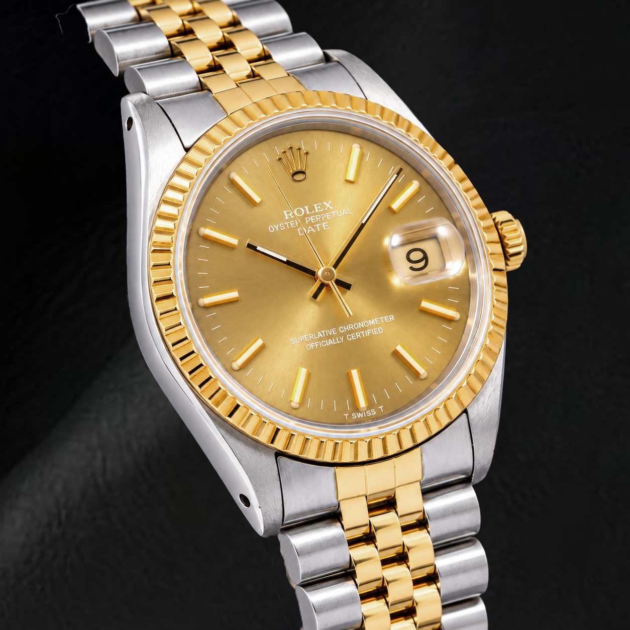Rolex Date 1502 34 mm Bicolor Uhr, champagnerfarbenes Zifferblatt mit Stabindizes