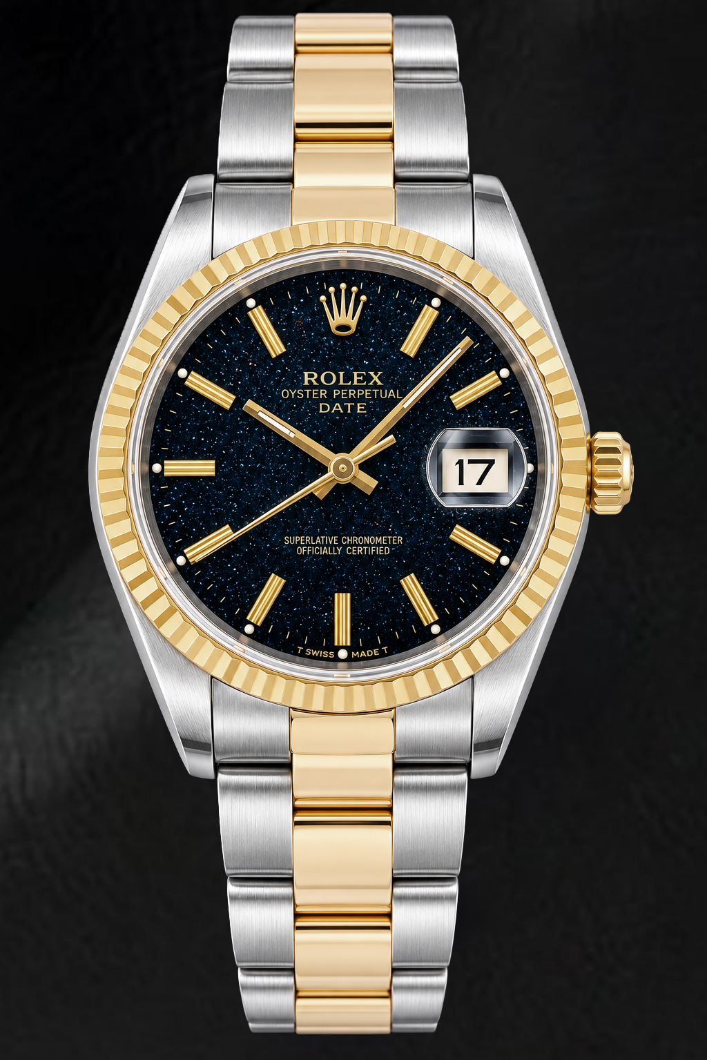Rolex Date 15053 34 mm Bicolor-Uhr, schwarzes Zifferblatt mit Stabindizes