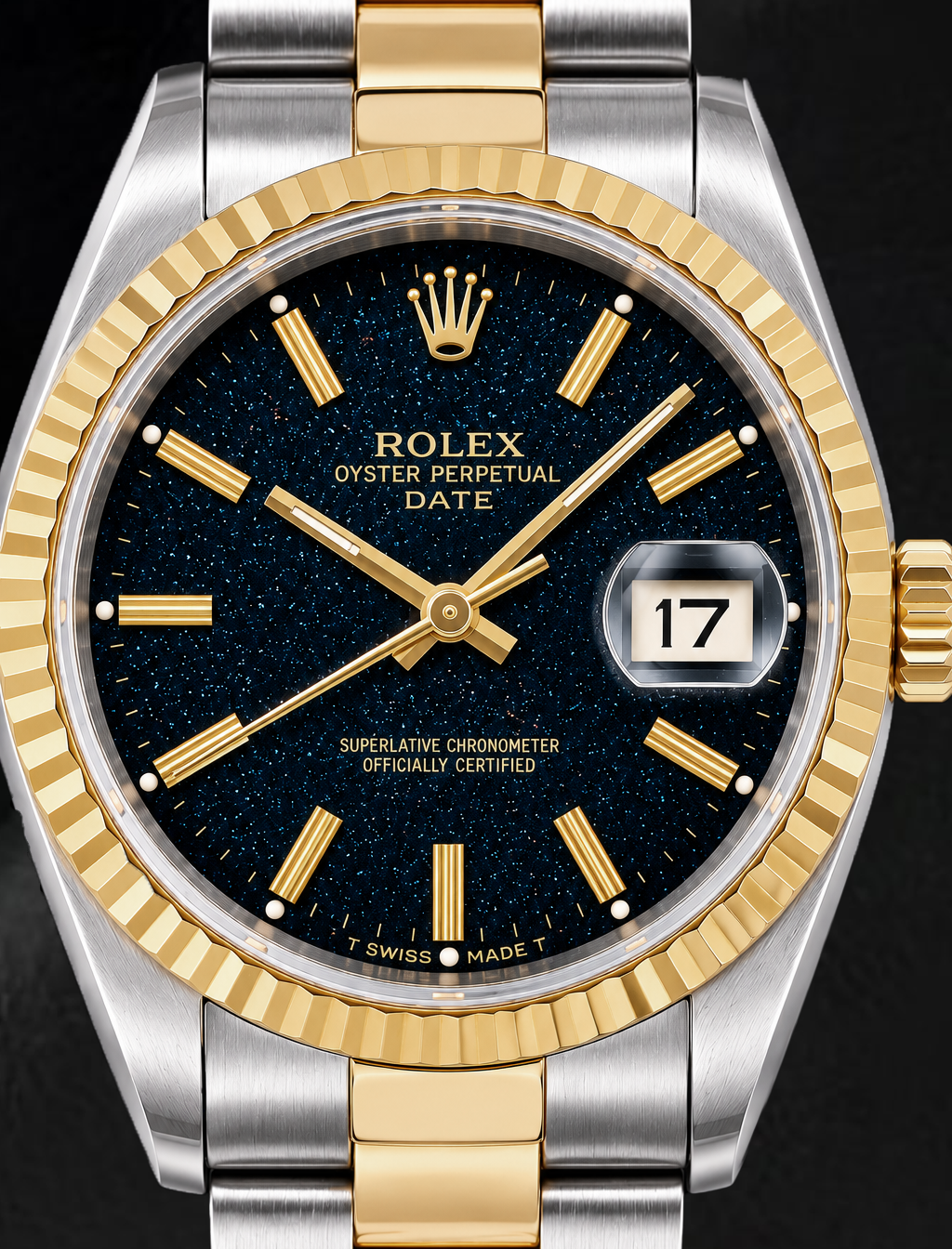 Rolex Date 15053 34 mm Bicolor-Uhr, schwarzes Zifferblatt mit Stabindizes