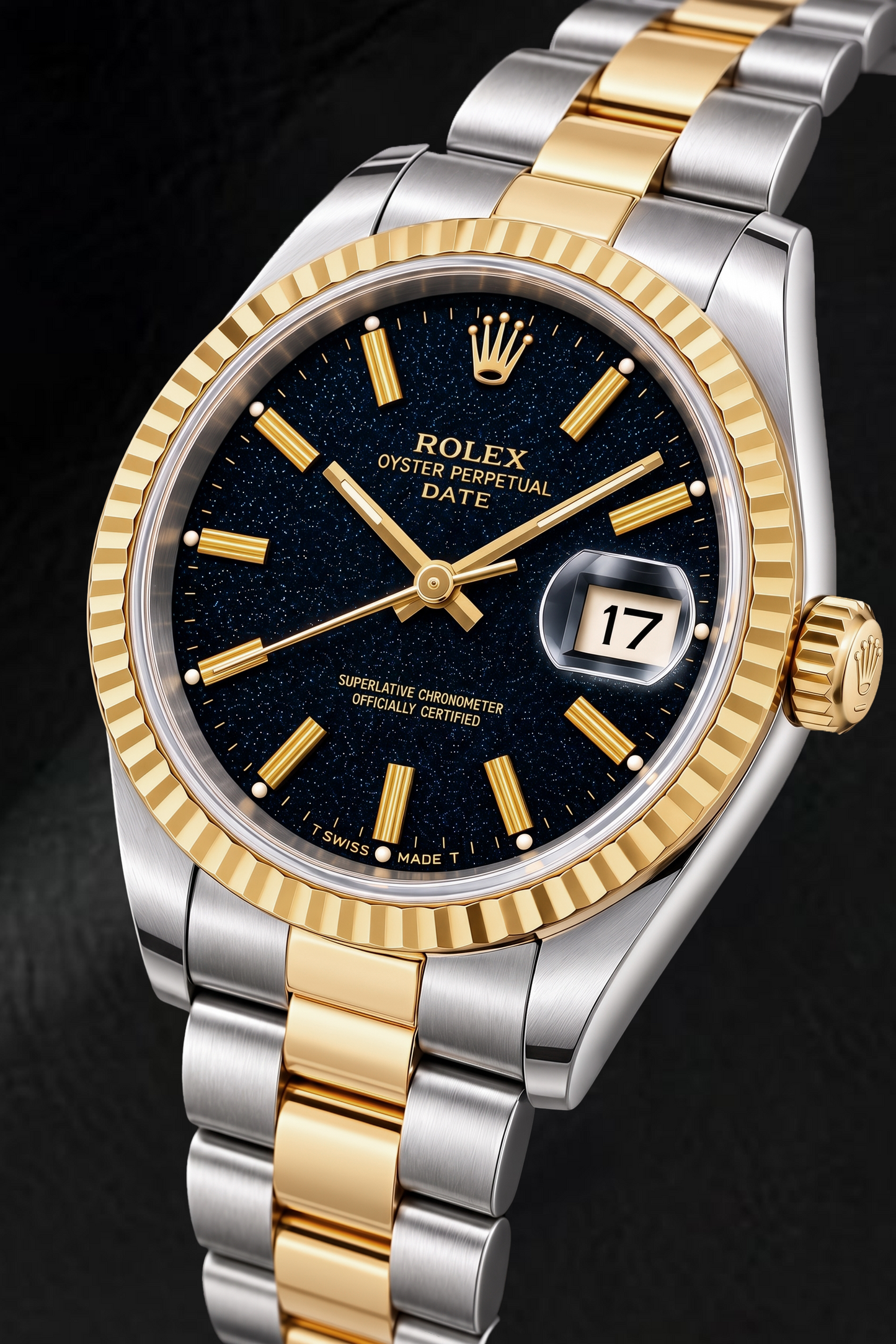 Rolex Date 15053 34 mm Bicolor-Uhr, schwarzes Zifferblatt mit Stabindizes