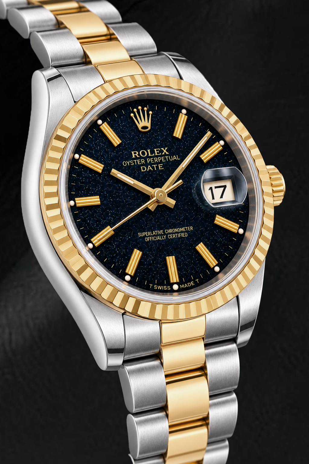 Rolex Date 15053 34 mm Bicolor-Uhr, schwarzes Zifferblatt mit Stabindizes