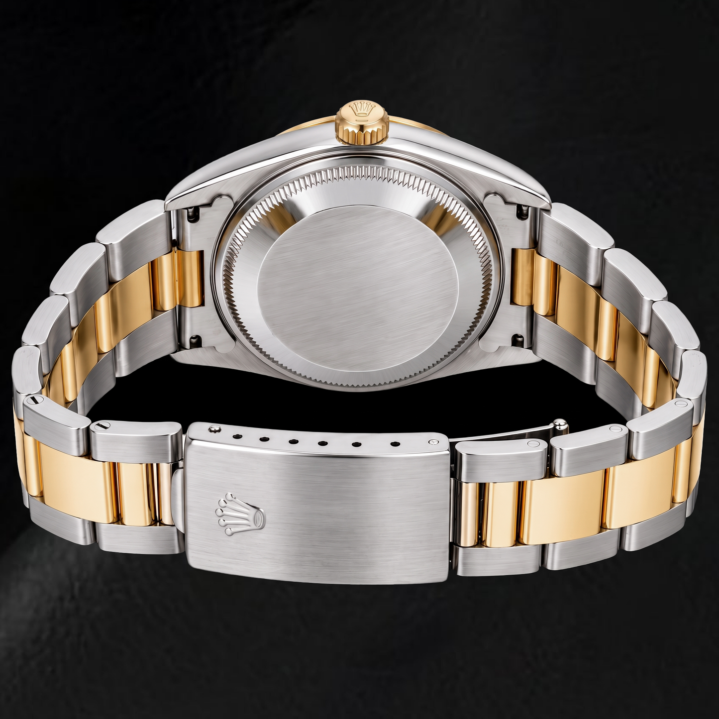 Rolex Date 15053 34 mm Bicolor-Uhr, schwarzes Zifferblatt mit Stabindizes