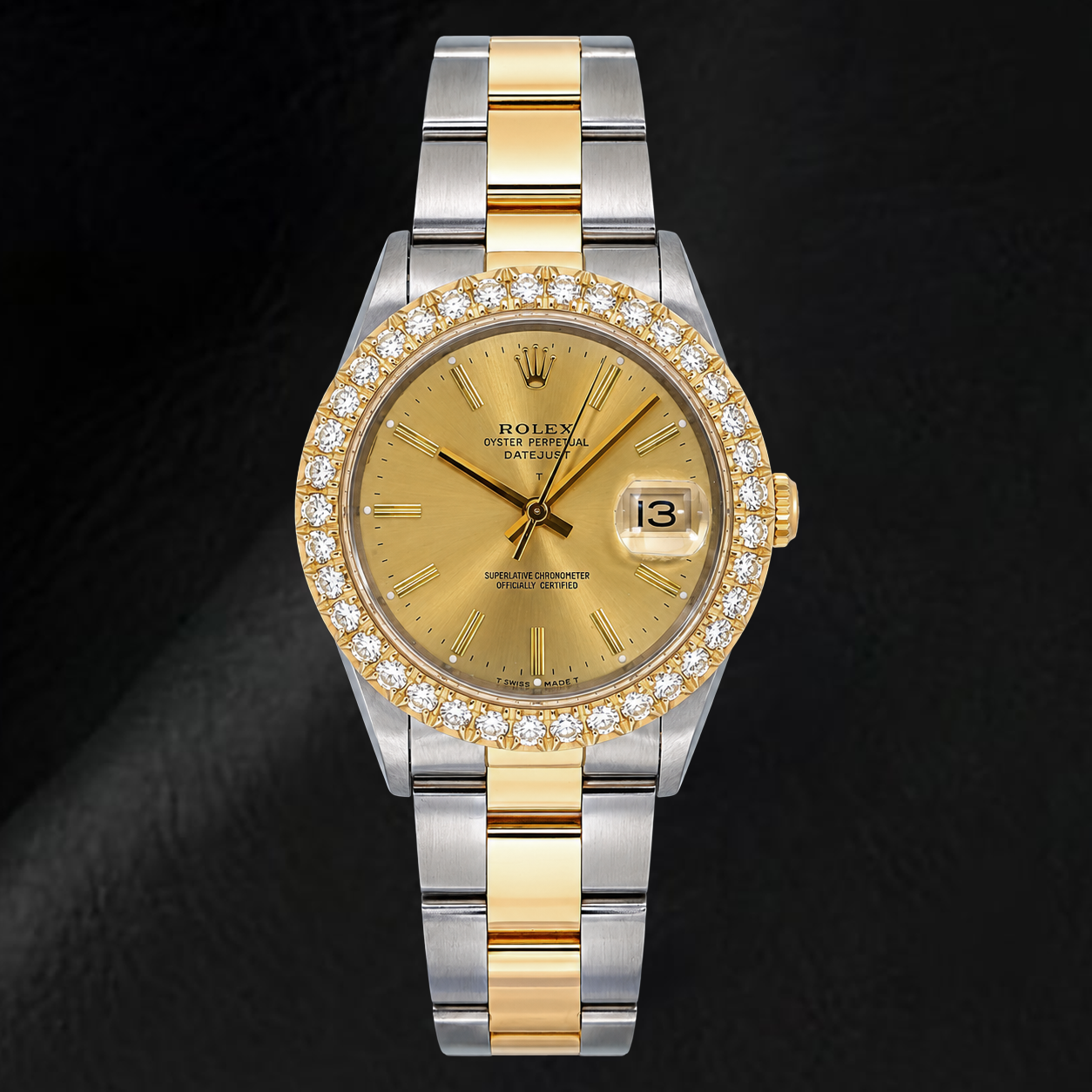 Rolex Date 15053 34 mm Bicolor Uhr, champagnerfarbenes Zifferblatt mit Stabindizes