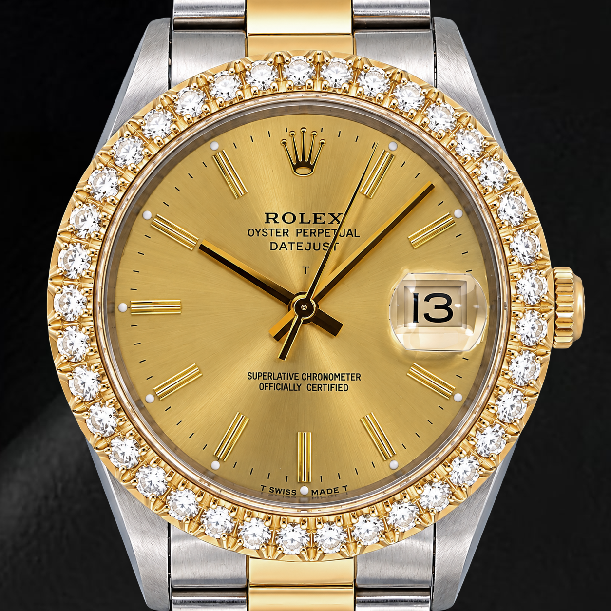 Rolex Date 15053 34 mm Bicolor Uhr, champagnerfarbenes Zifferblatt mit Stabindizes