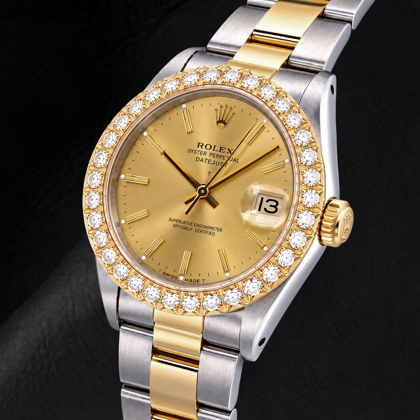 Rolex Date 15053 34 mm Bicolor Uhr, champagnerfarbenes Zifferblatt mit Stabindizes