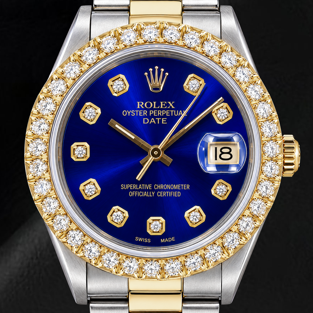 Rolex Date 1505 34 mm Bicolor-Uhr mit blauem Diamantzifferblatt