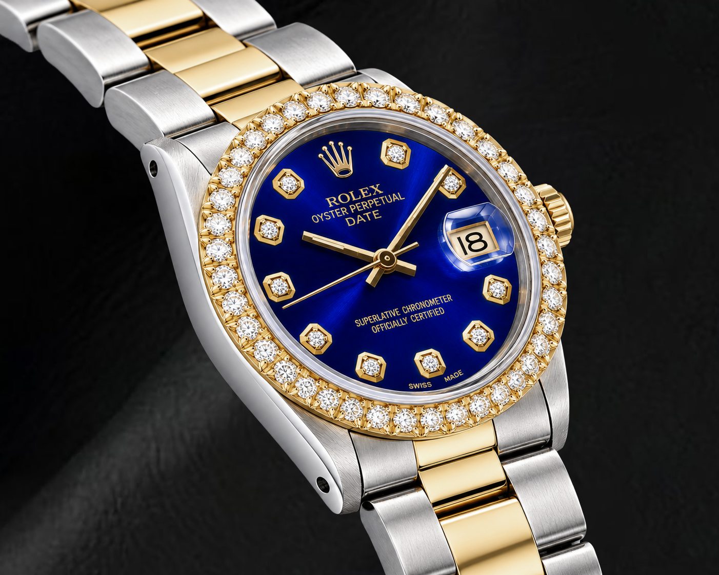 Rolex Date 1505 34 mm Bicolor-Uhr mit blauem Diamantzifferblatt