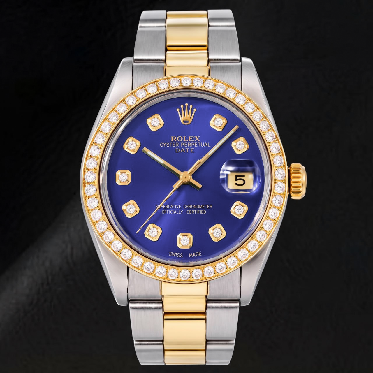 Rolex Date 1505 34 mm Bicolor Uhr mit blauem Diamantzifferblatt