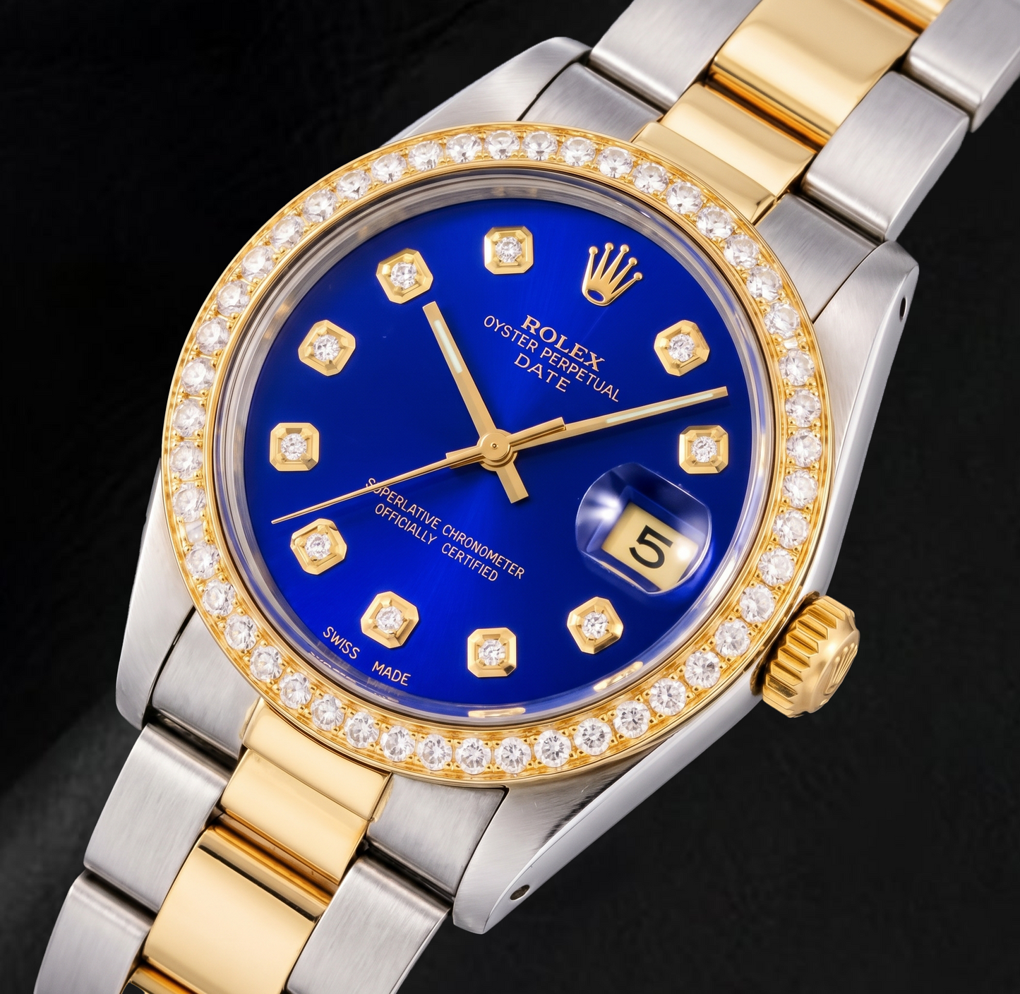 Rolex Date 1505 34 mm Bicolor Uhr mit blauem Diamantzifferblatt