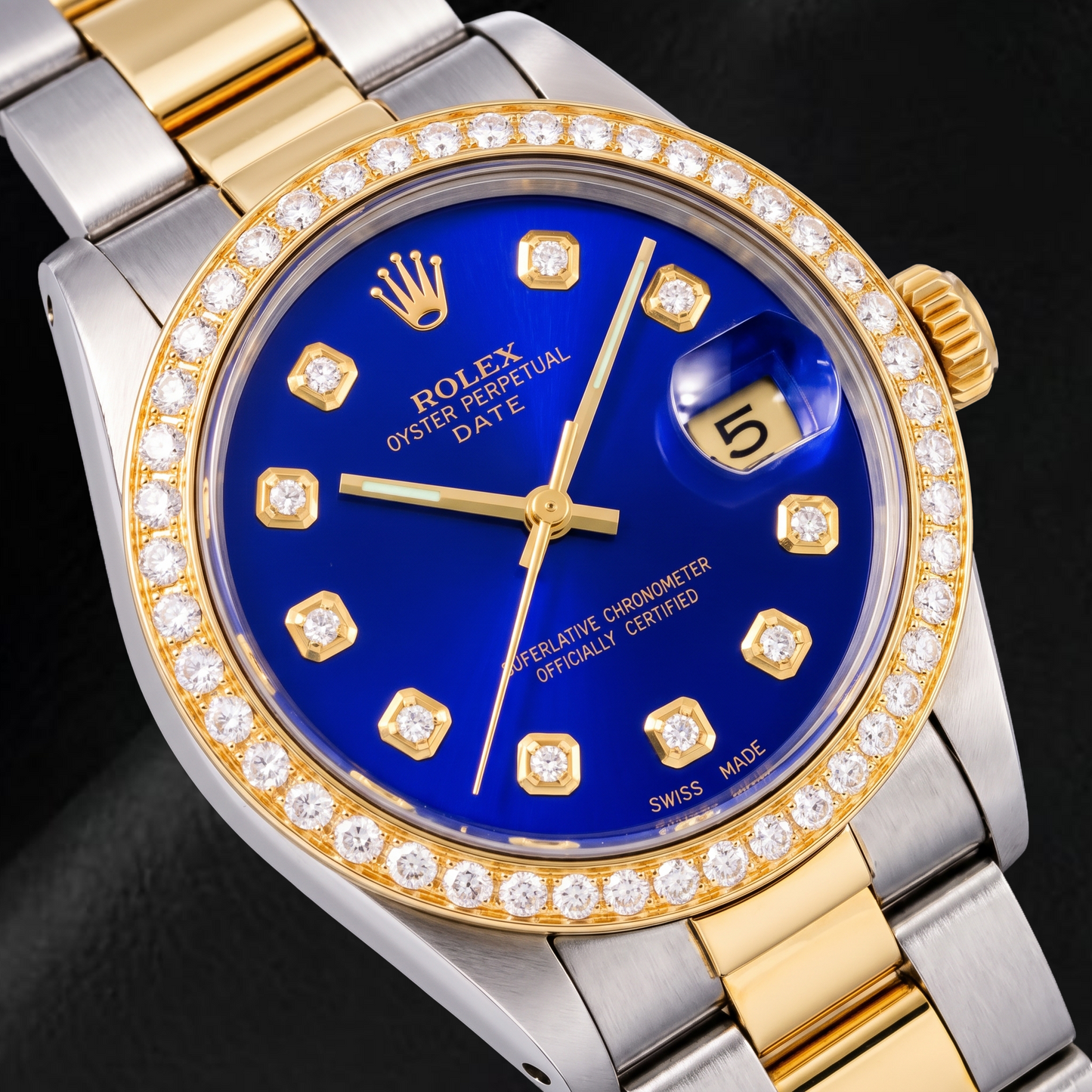 Rolex Date 1505 34 mm Bicolor Uhr mit blauem Diamantzifferblatt