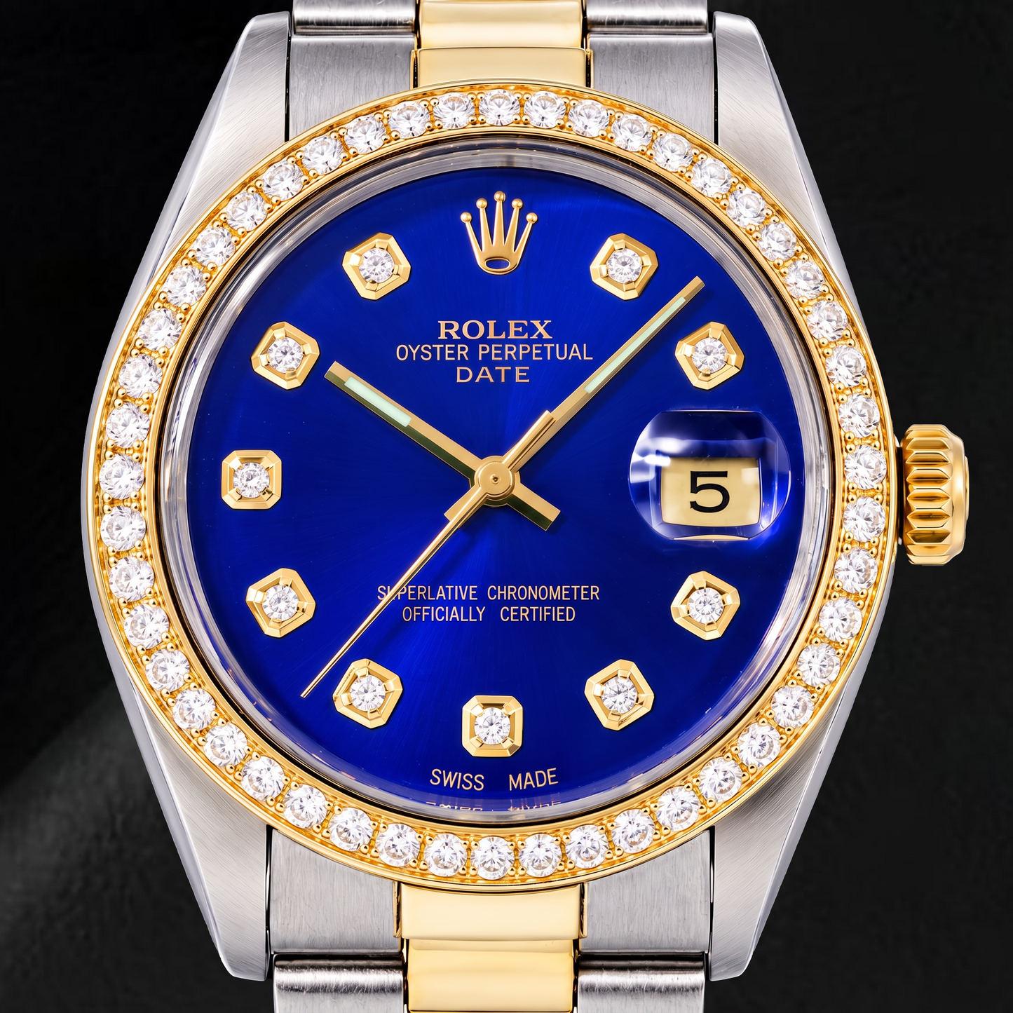 Rolex Date 1505 34 mm Bicolor Uhr mit blauem Diamantzifferblatt