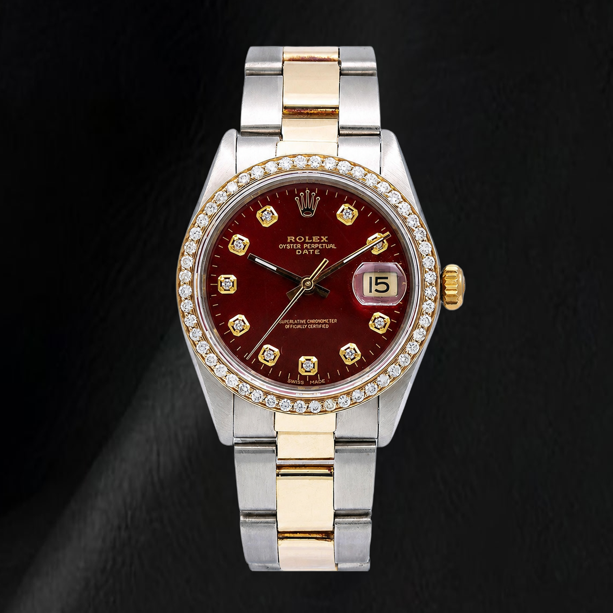 Rolex Date 1505 34 mm Bicolor-Uhr mit rotem Diamantzifferblatt und Jubilé-Armband