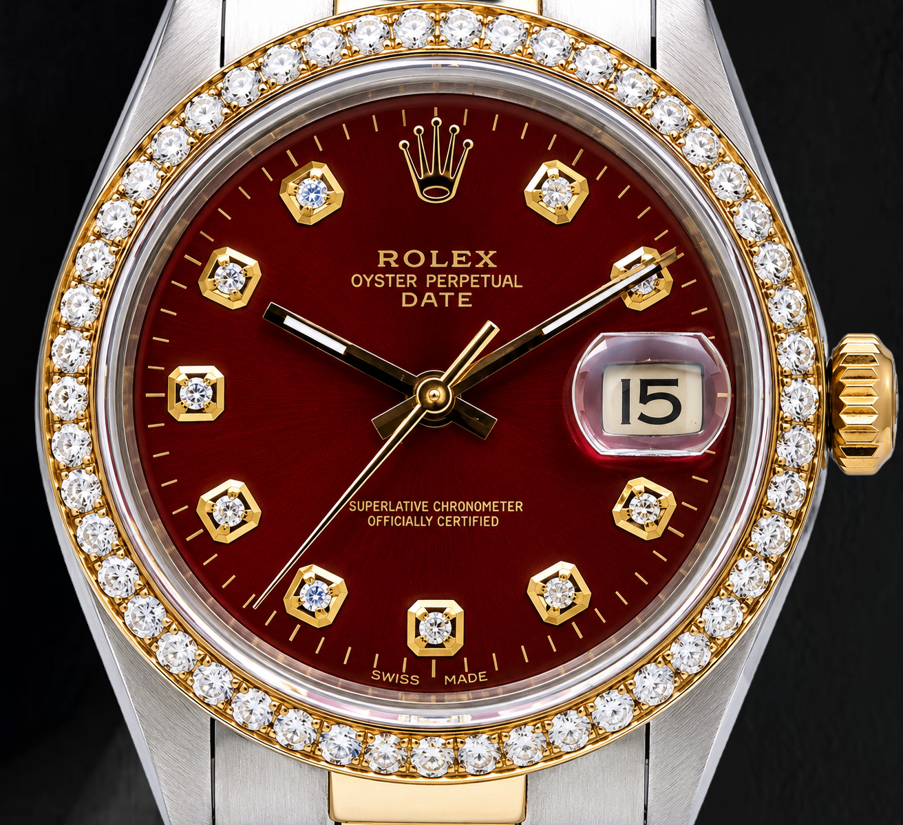 Rolex Date 1505 34 mm Bicolor-Uhr mit rotem Diamantzifferblatt und Jubilé-Armband