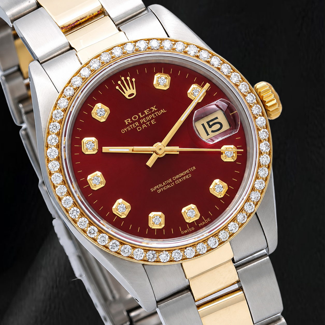 Rolex Date 1505 34 mm Bicolor-Uhr mit rotem Diamantzifferblatt und Jubilé-Armband
