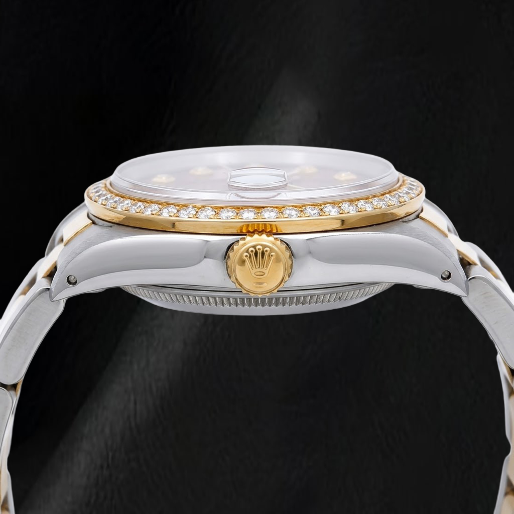 Rolex Date 1505 34 mm Bicolor-Uhr mit rotem Diamantzifferblatt und Jubilé-Armband