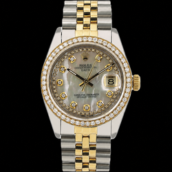Rolex Date 1505 34 mm Bicolor Uhr mit weißem Perlmutt-String-Diamantzifferblatt