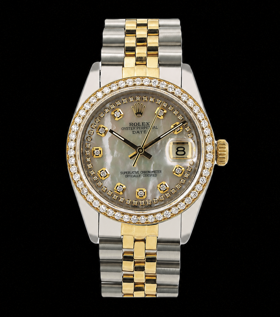 Rolex Date 1505 34 mm Bicolor Uhr mit weißem Perlmutt-String-Diamantzifferblatt