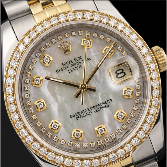 Rolex Date 1505 34 mm Bicolor Uhr mit weißem Perlmutt-String-Diamantzifferblatt