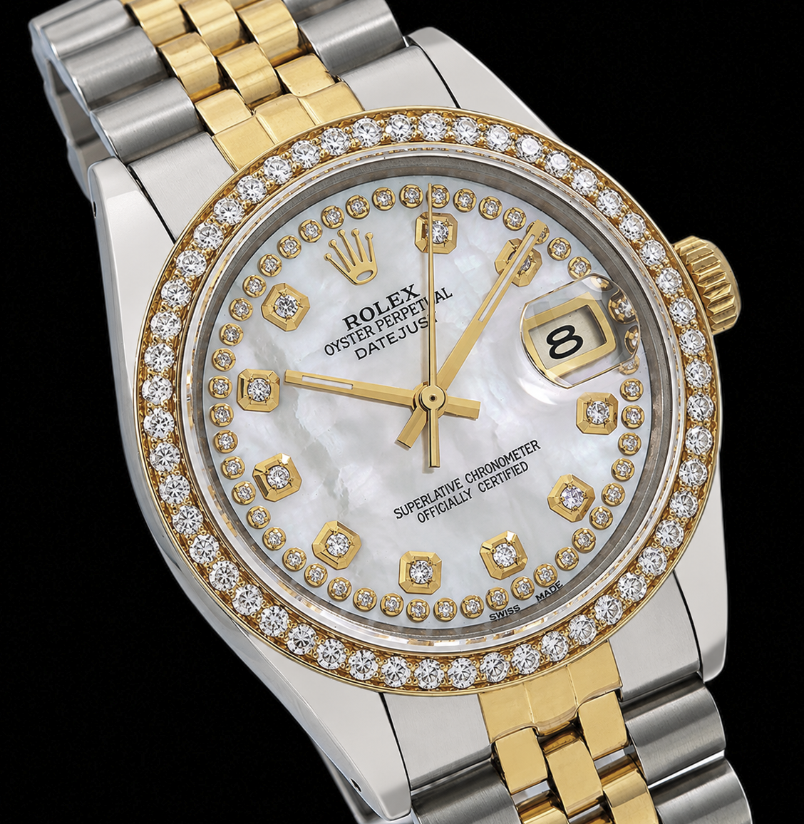 Rolex Date 1505 34 mm Bicolor Uhr mit weißem Perlmutt-String-Diamantzifferblatt