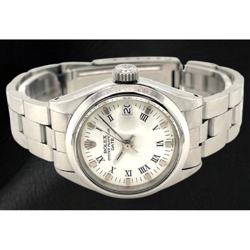 Rolex Date 26 mm weißes römisches Zifferblatt Oyster Edelstahl Damenuhr