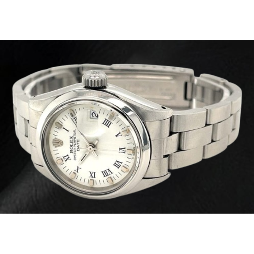Rolex Date 26 mm weißes römisches Zifferblatt Oyster Edelstahl Damenuhr