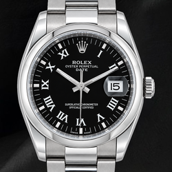 Rolex Date 34 mm 115200 Edelstahluhr mit schwarzem römischem Zifferblatt