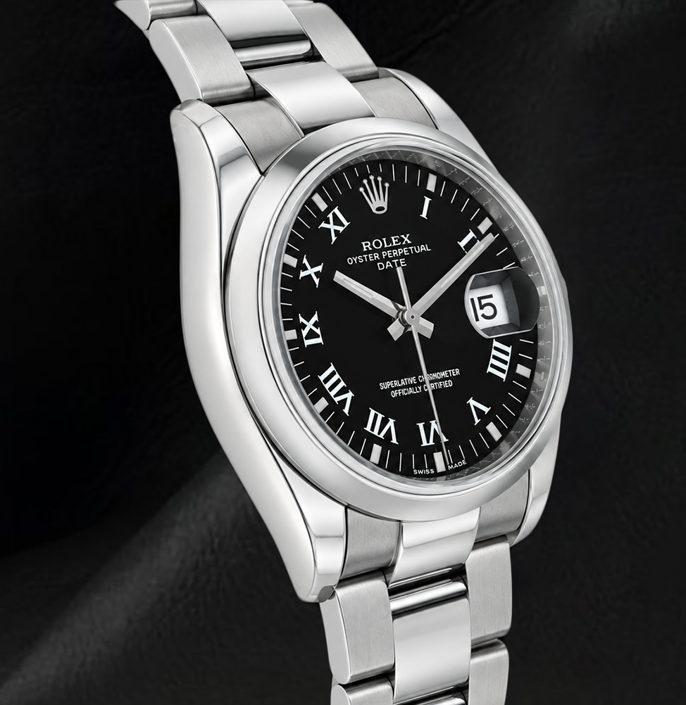Rolex Date 34 mm 115200 Edelstahluhr mit schwarzem römischem Zifferblatt