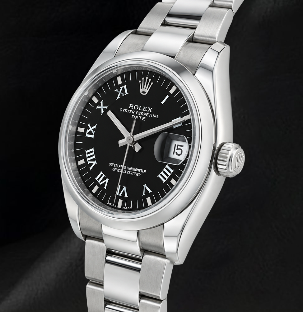 Rolex Date 34 mm 115200 Edelstahluhr mit schwarzem römischem Zifferblatt
