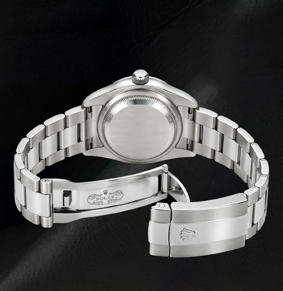 Rolex Date 34 mm 115200 Edelstahluhr mit schwarzem römischem Zifferblatt