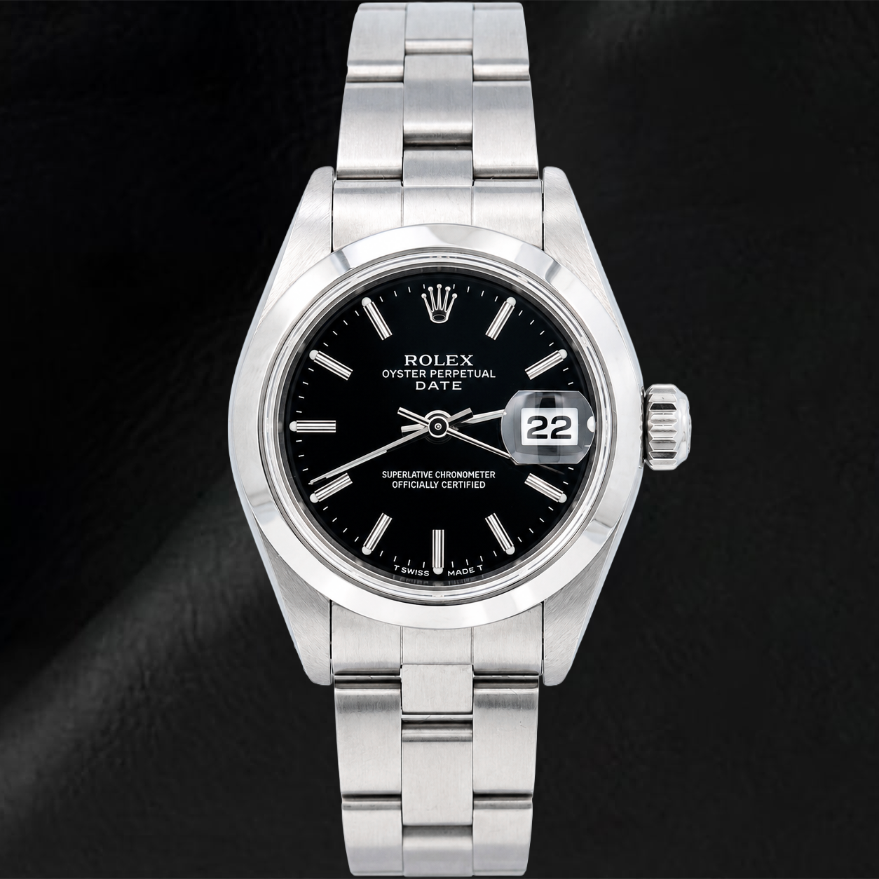 Rolex Date 6916 26 mm Uhr aus Edelstahl, schwarzes Zifferblatt mit Stabindizes, glatte Lünette