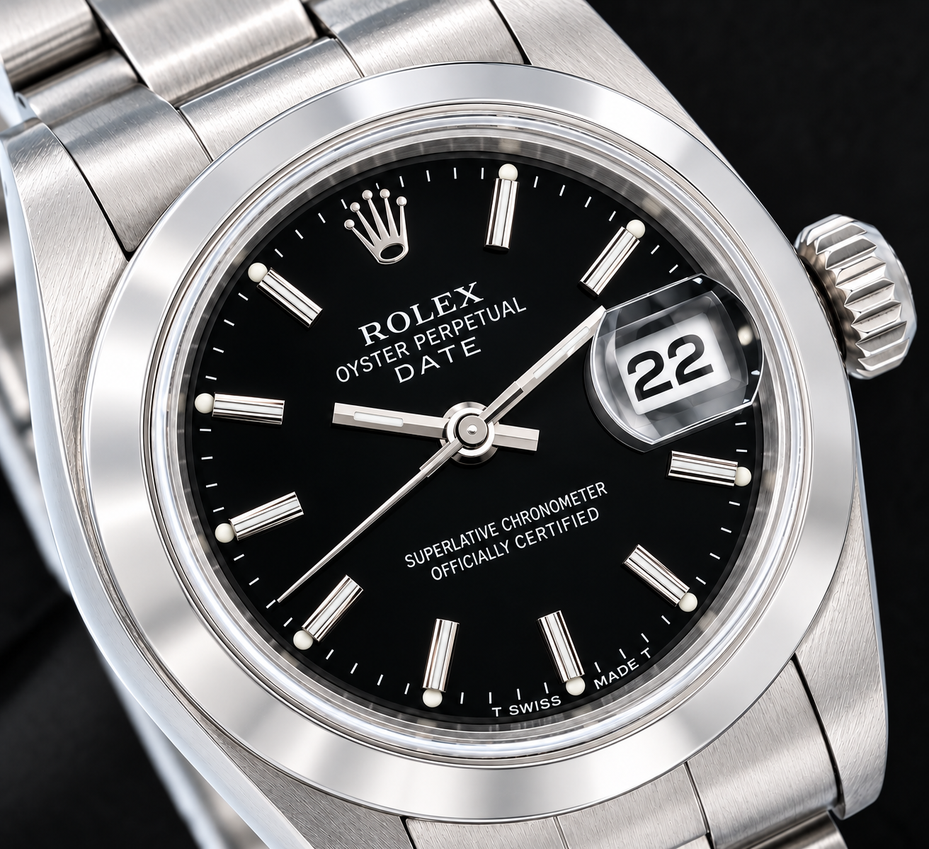 Rolex Date 6916 26 mm Uhr aus Edelstahl, schwarzes Zifferblatt mit Stabindizes, glatte Lünette