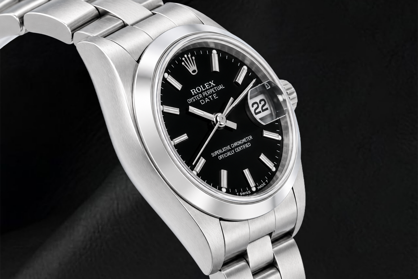 Rolex Date 6916 26 mm Uhr aus Edelstahl, schwarzes Zifferblatt mit Stabindizes, glatte Lünette