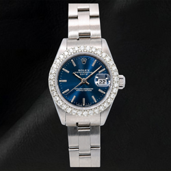 Rolex Date 6916 26 mm Uhr aus Edelstahl, blaues Zifferblatt mit Stabindizes, Oyster-Armband