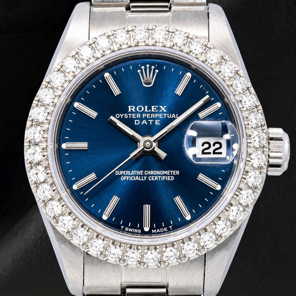 Rolex Date 6916 26 mm Uhr aus Edelstahl, blaues Zifferblatt mit Stabindizes, Oyster-Armband