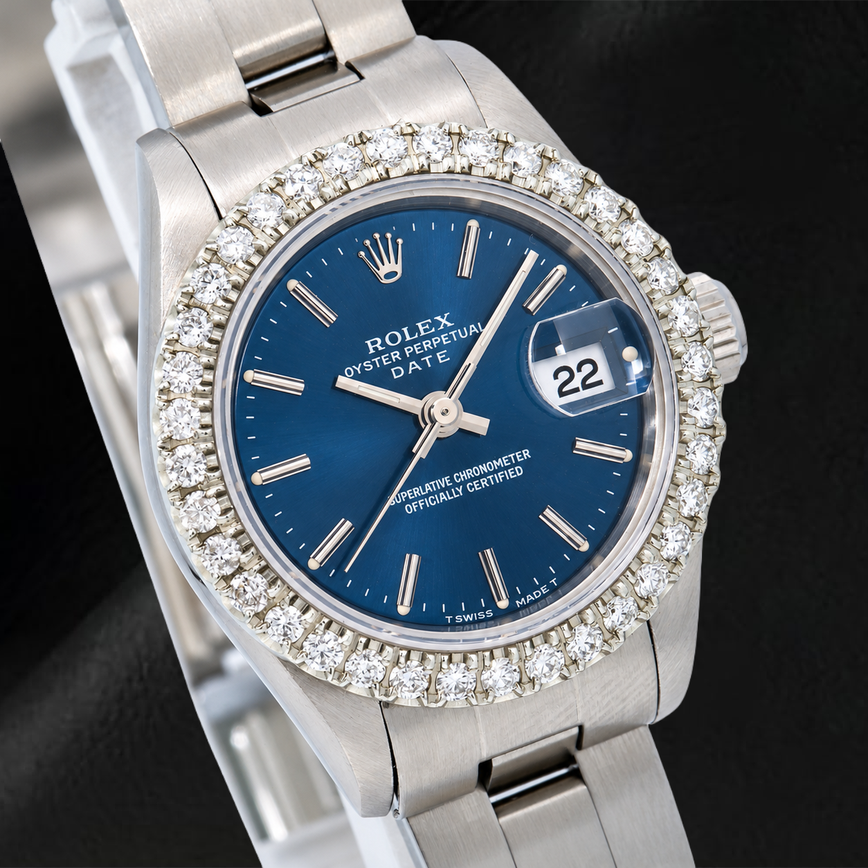 Rolex Date 6916 26 mm Uhr aus Edelstahl, blaues Zifferblatt mit Stabindizes, Oyster-Armband