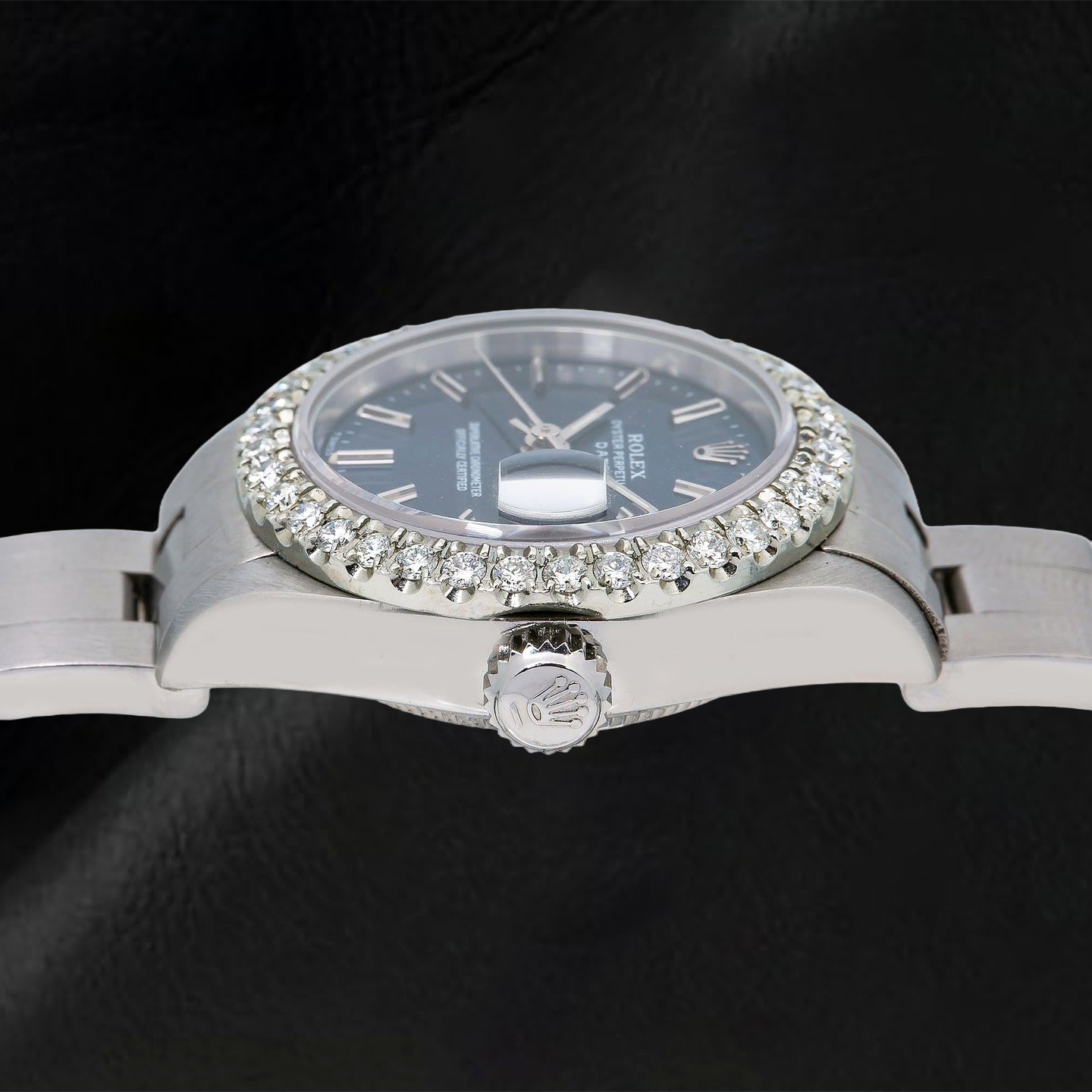Rolex Date 6916 26 mm Uhr aus Edelstahl, blaues Zifferblatt mit Stabindizes, Oyster-Armband