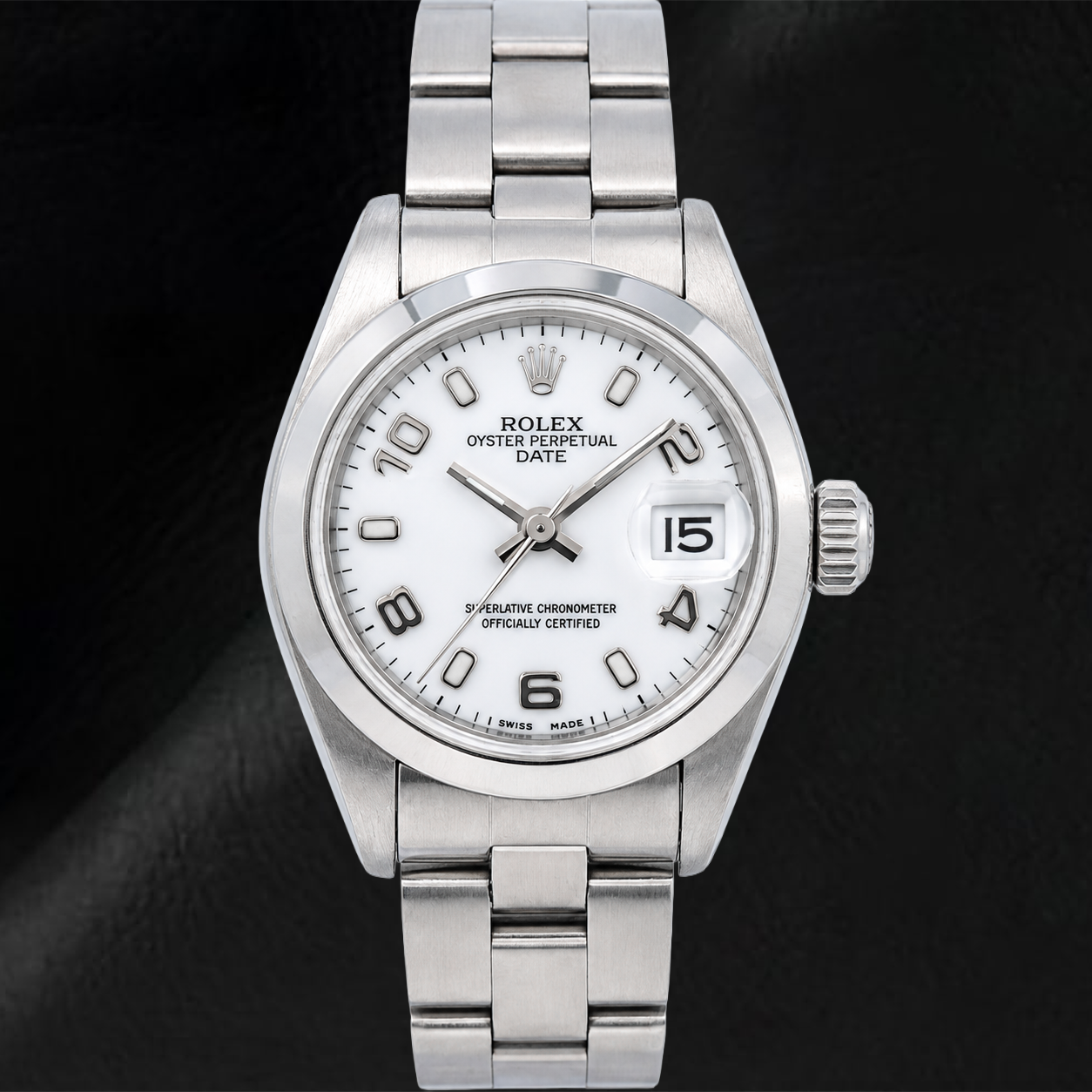 Rolex Date 6916 26 mm Edelstahluhr mit weißem Zifferblatt mit arabischen Ziffern und glatter Lünette