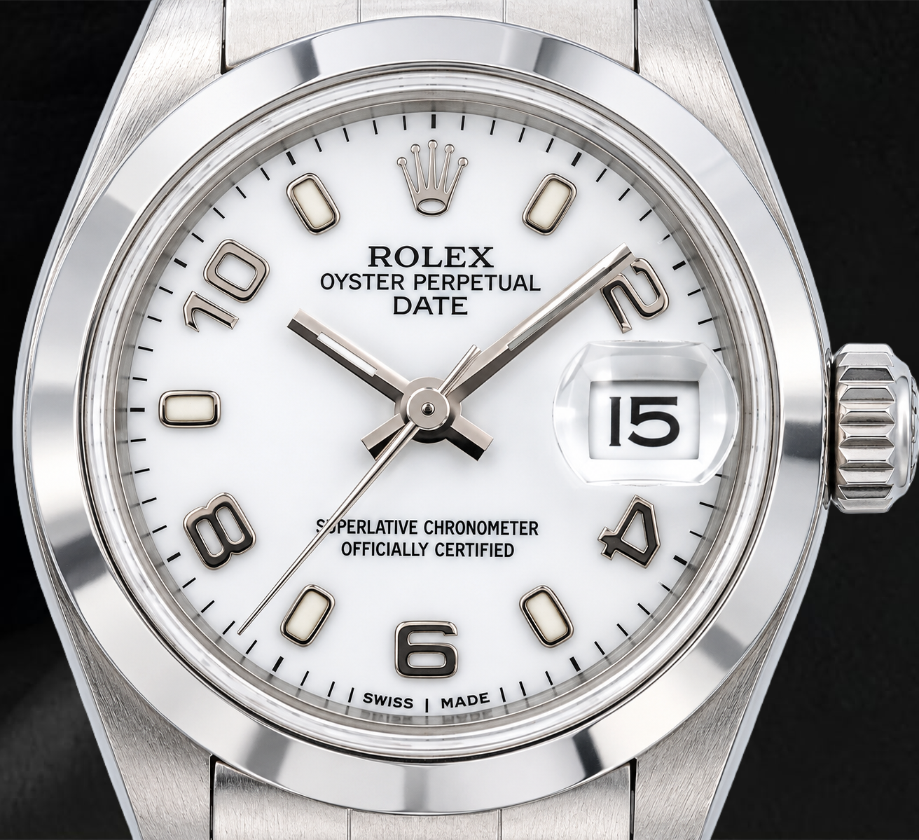 Rolex Date 6916 26 mm Edelstahluhr mit weißem Zifferblatt mit arabischen Ziffern und glatter Lünette