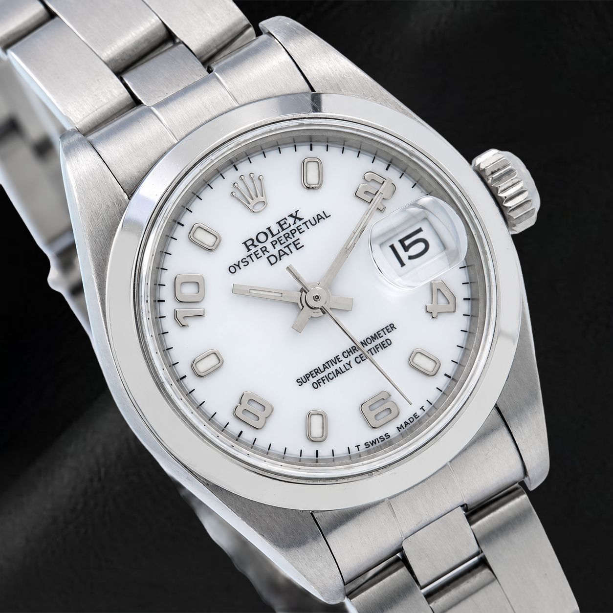 Rolex Date 6916 26 mm Edelstahluhr mit weißem Zifferblatt mit arabischen Ziffern und glatter Lünette